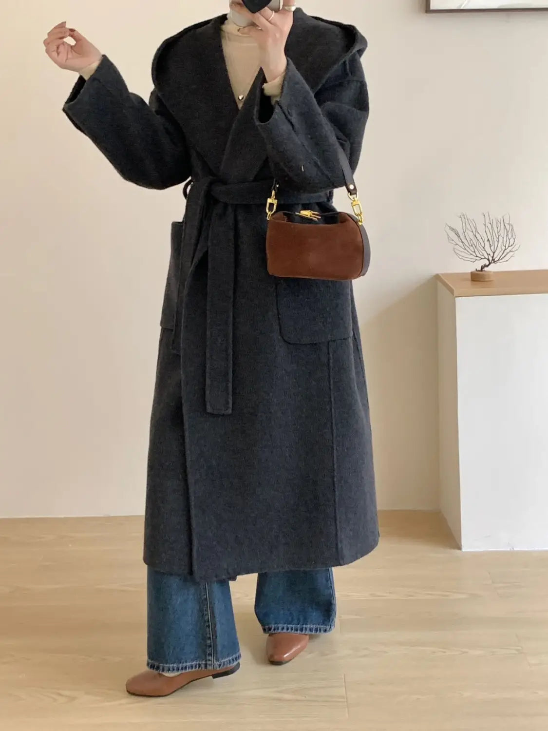 Solid Color Hooded Double-sided Wool Overcoat Women