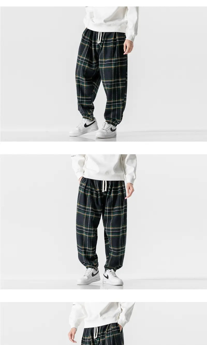 Hong Kong Style Plus Size Woolen Casual Harlan Plaid Pants
