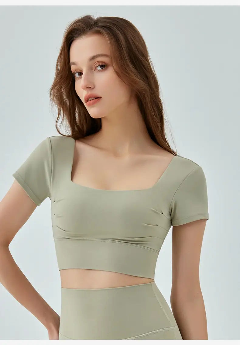 Hollow-out Beauty Back Yoga Short Sleeve Women’s Removable Chest Pad Workout Top