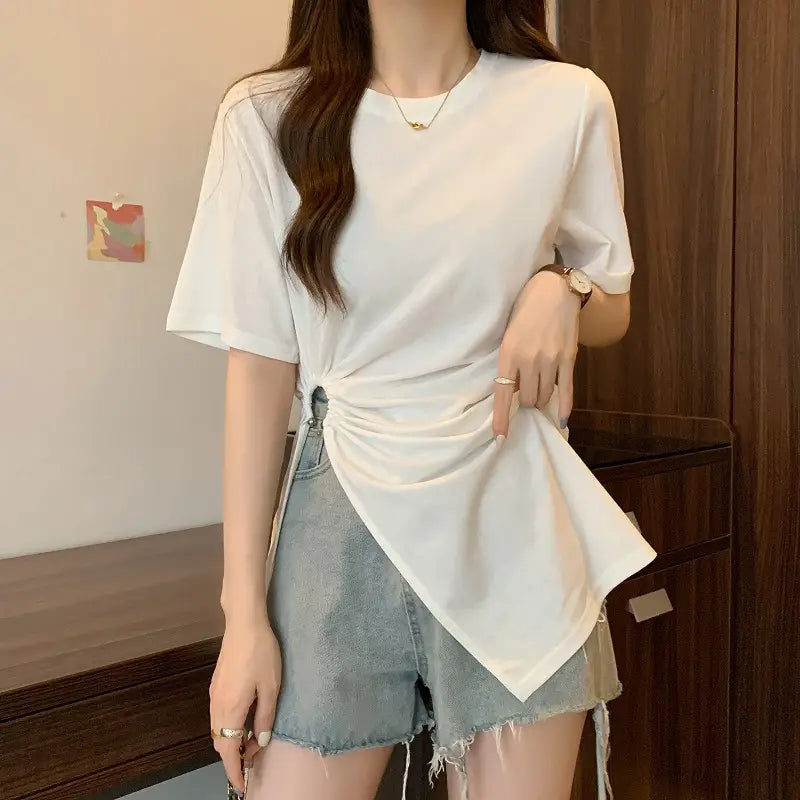 Cotton Irregular Split Short-sleeved T-shirt Women’s Summer