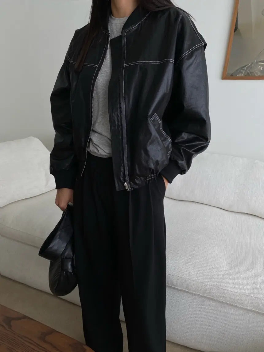 Loose Long Sleeve Leather Jacket Coat Women