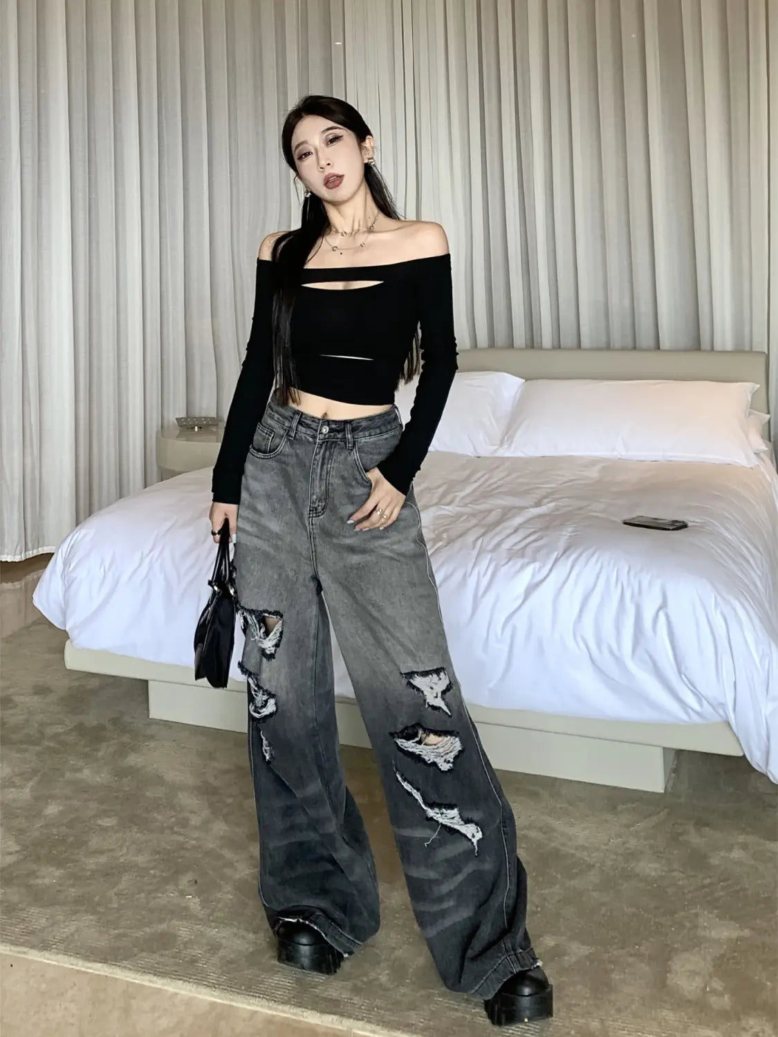 Gradient Color Big Ripped Hot Girl Wide Leg Jeans For Women