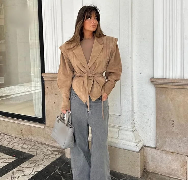 Waist Trimming Lace Up Suede Fabric Jacket