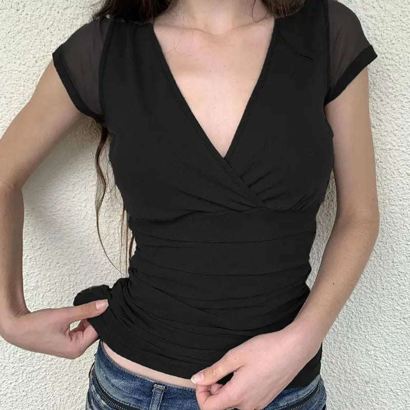 Deep V Design Small Pleated Pure Color Mesh Stitching Short Sleeve