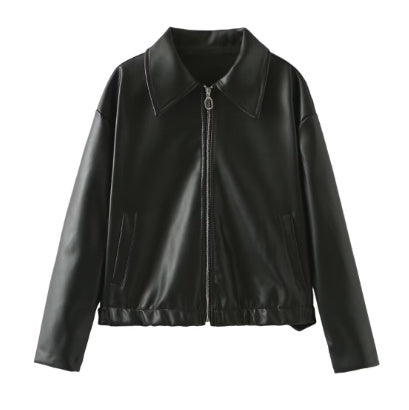 Solid Color Square Collar Leather Jacket Coat - Black / XS