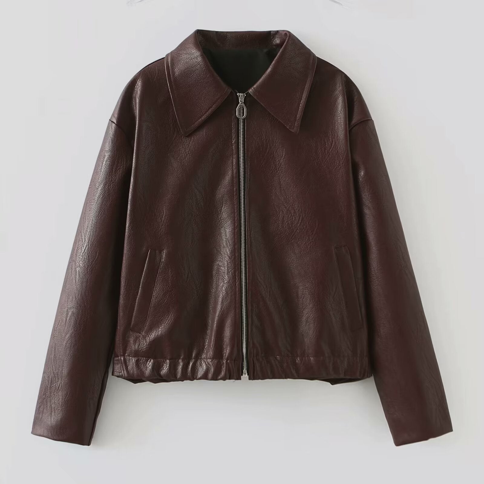 Solid Color Square Collar Leather Jacket Coat - Wine Red / XS