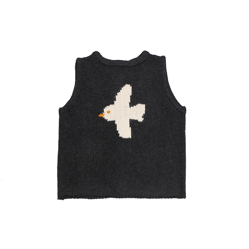 New Product Front and Back Two-Wear Bird Jacquard Lamb Wool Knitted Vest - Deep Grey / ONE SIZE