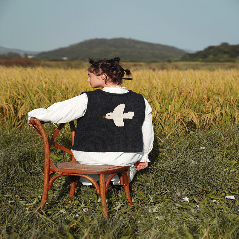 New Product Front and Back Two-Wear Bird Jacquard Lamb Wool Knitted Vest - Deep Grey / ONE SIZE