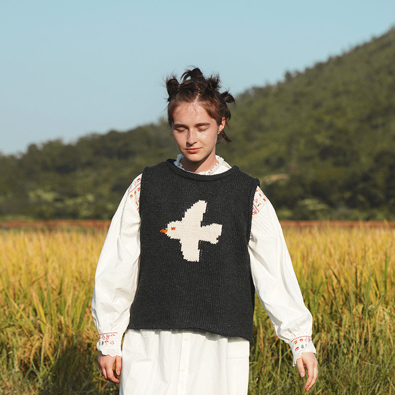 New Product Front and Back Two-Wear Bird Jacquard Lamb Wool Knitted Vest - Deep Grey / ONE SIZE