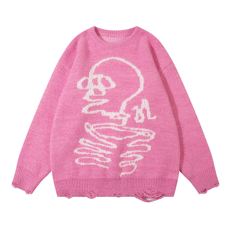 Dark Skull Ripped Sweater - Pink / M