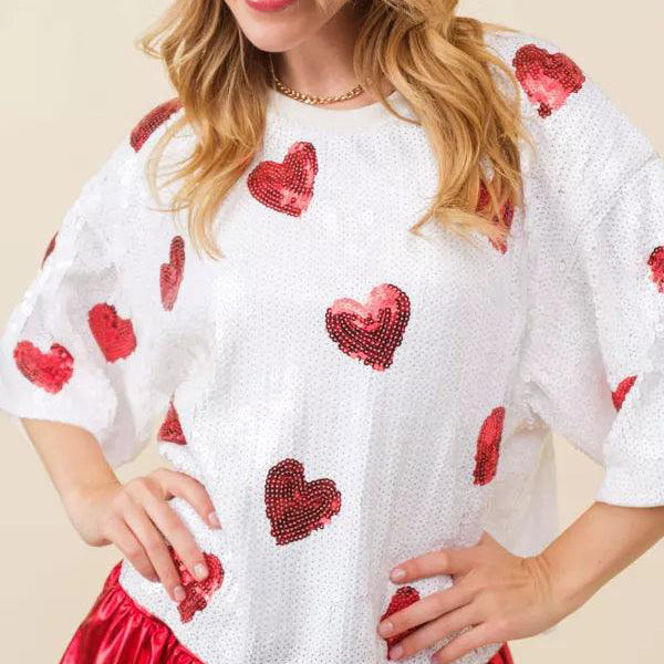 European And American Round Neck Sequins Shirt Christmas Heavy Industry Sequin Half Sleeve T-shirt - White / S