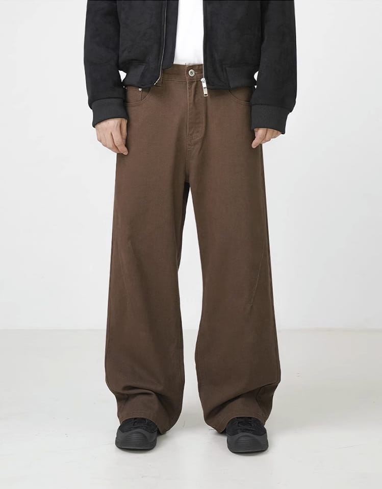 Washed Cotton Retro Brown Straight-leg Trousers