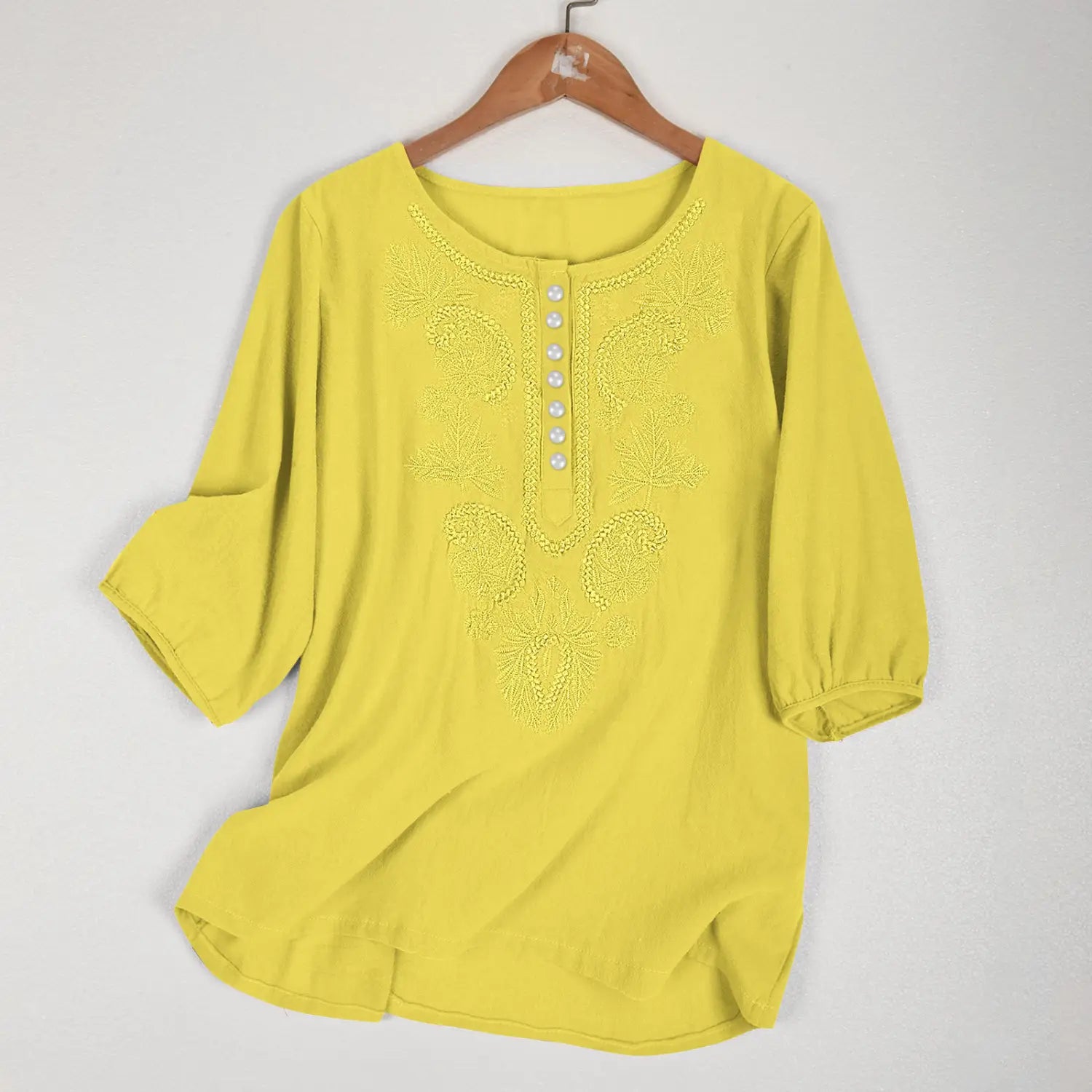 Artistic Retro Loose Design Embroidered Crew Neck Thin Cotton And Linen Women’s Top