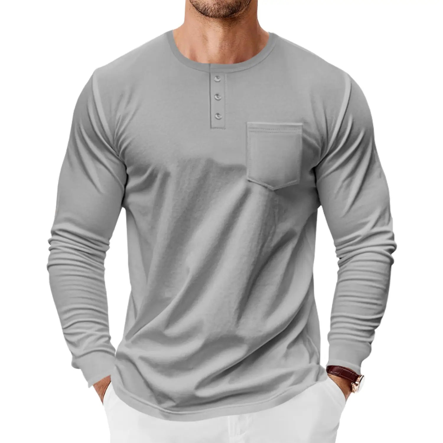 Men’s Spring And Autumn Henley Shirt Long Sleeve