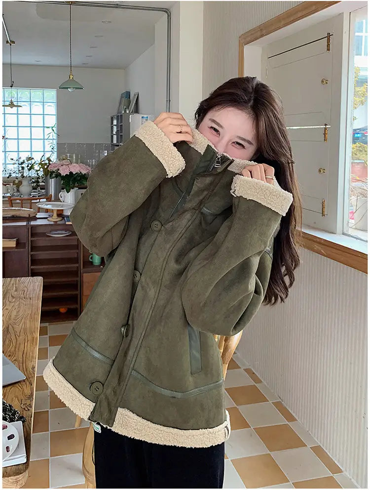 Women’s Korean-style Retro Green Suede Lambswool Coat