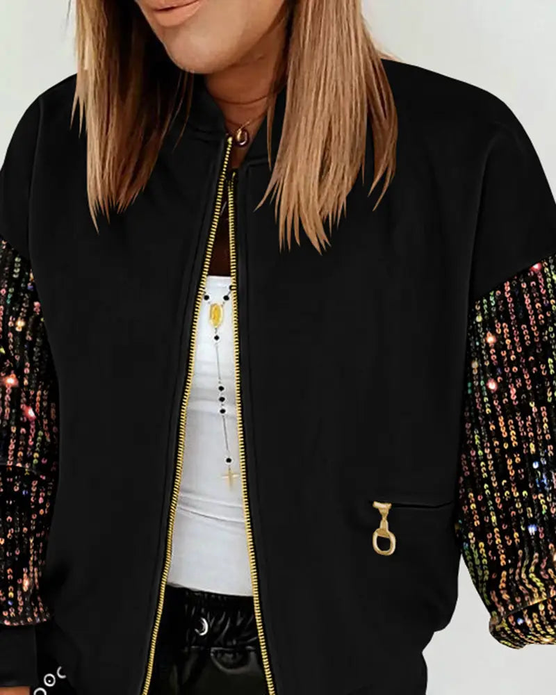 Women’s New Colorful Sequin Stitching Long-sleeved Coat