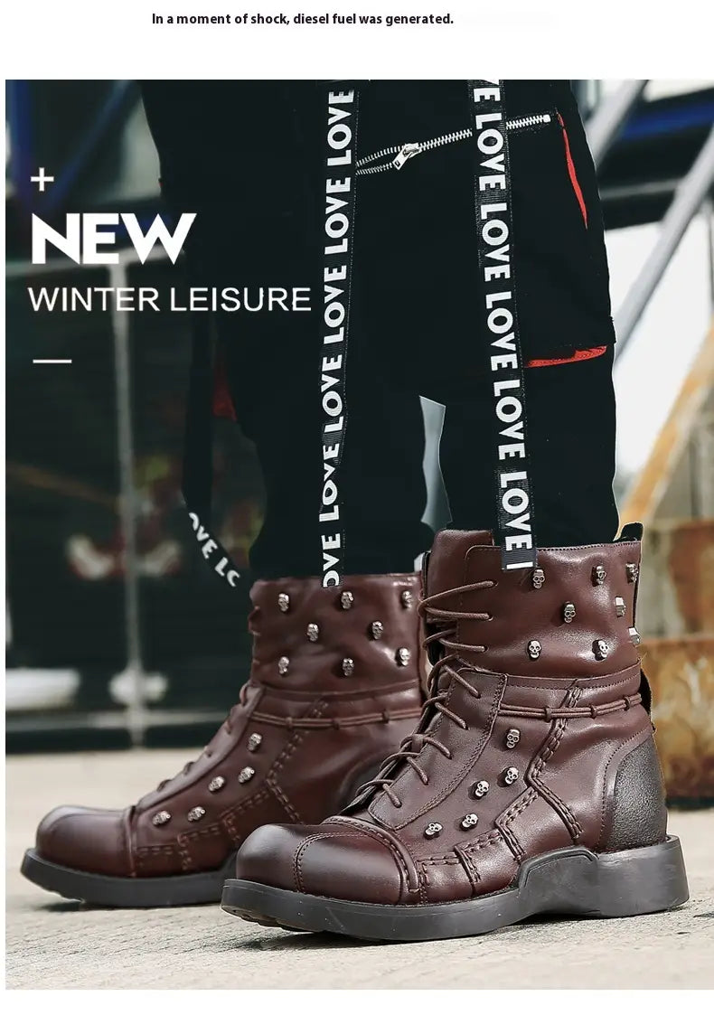 Men’s Warm Work Clothing Motorcycle Waterproof High-top Steampunk Leather Boots