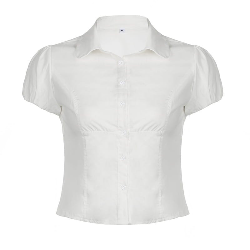 Solid Color Simple Waist Fitted Puff Sleeve Polo Shirt