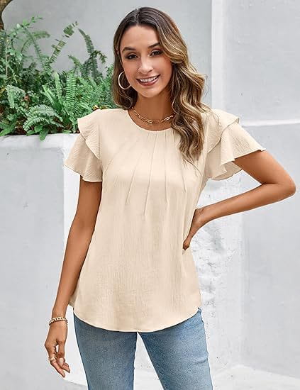 Summer Pleated Short Sleeve Round Neck Top Business Work Shirt