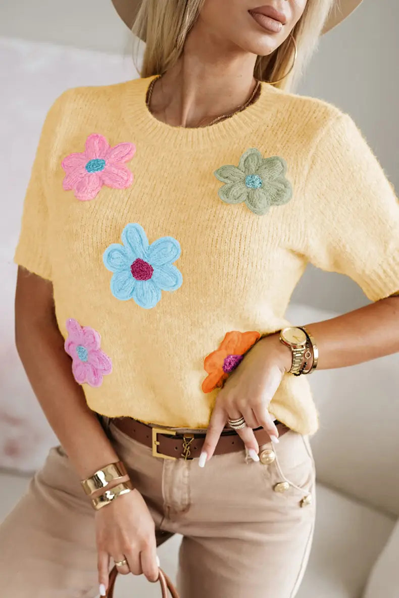 Three-dimensional Flower Decoration Half-sleeve Top European And American Commuters’ Knitted