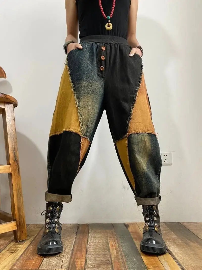 New Personalized Breasted Frayed Color Block Denim Harem Pants Loose Slimming Women