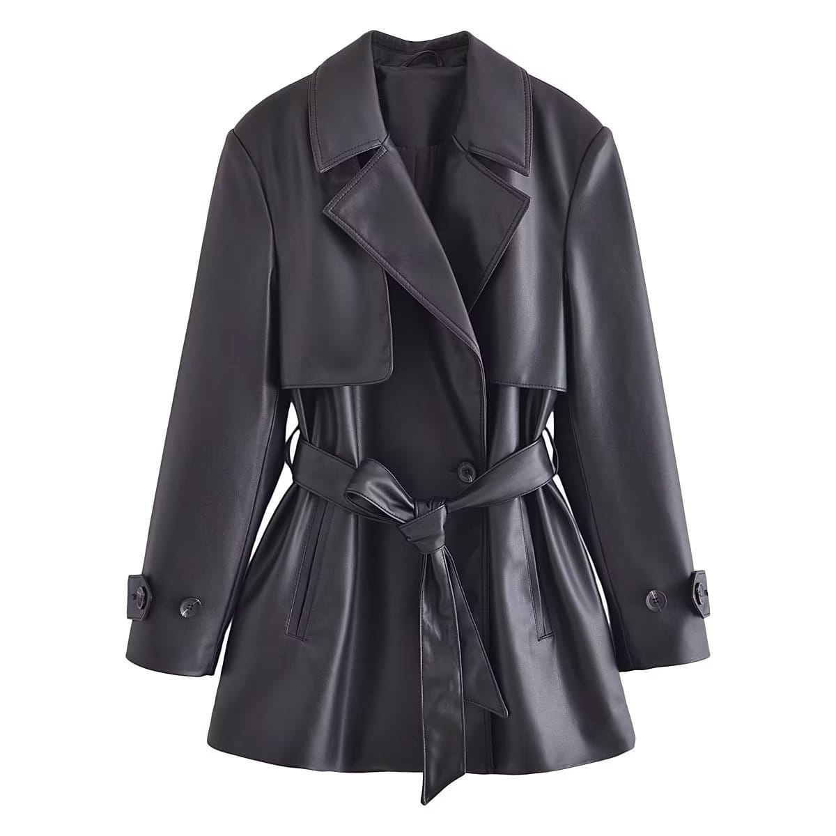 Women’s Elegant Slightly Mature Imitation Leather Short Trench Coat