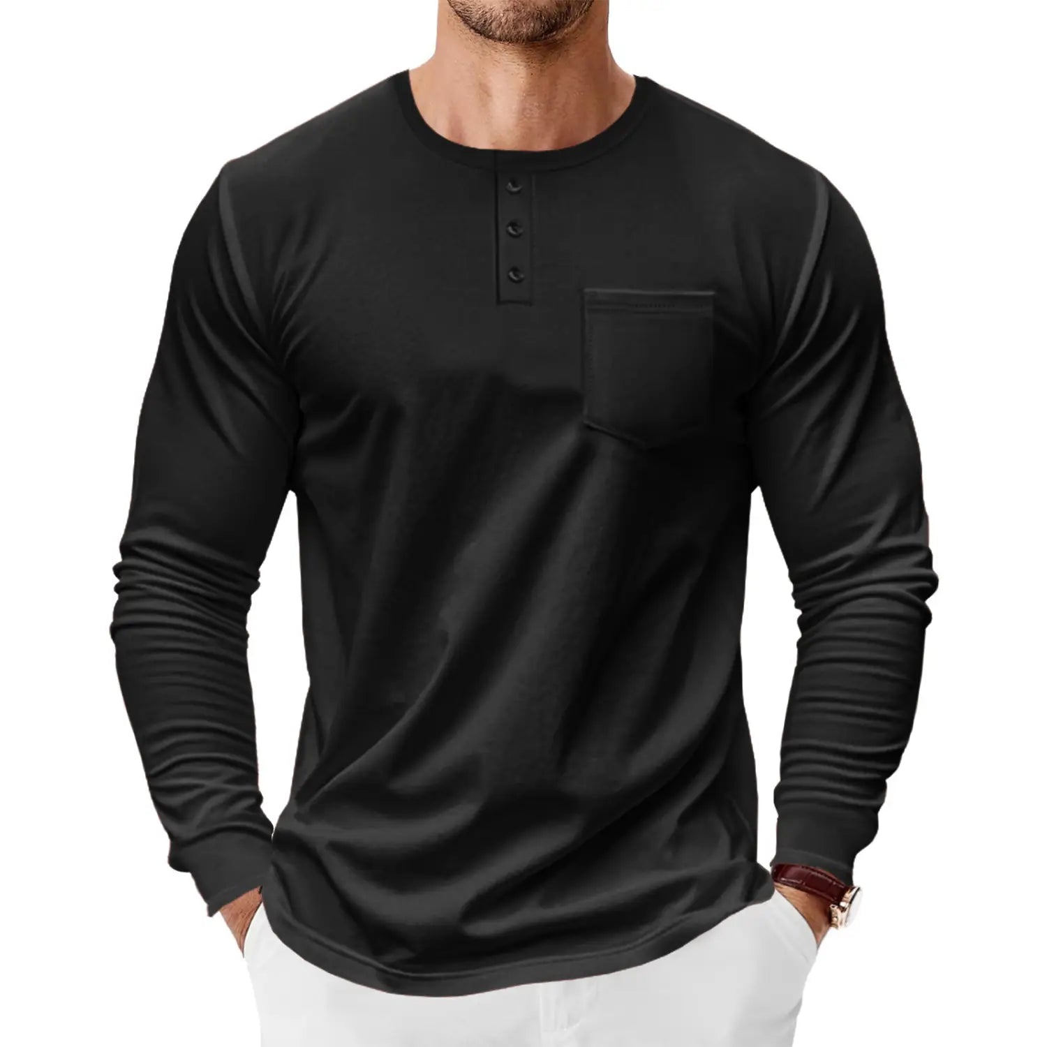 Men’s Spring And Autumn Henley Shirt Long Sleeve