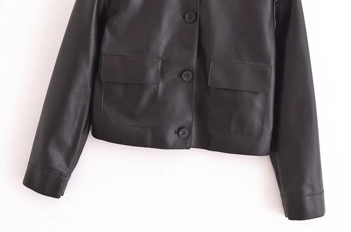 All-matching Western Style Classic Black Leather Short Long Sleeve Jacket
