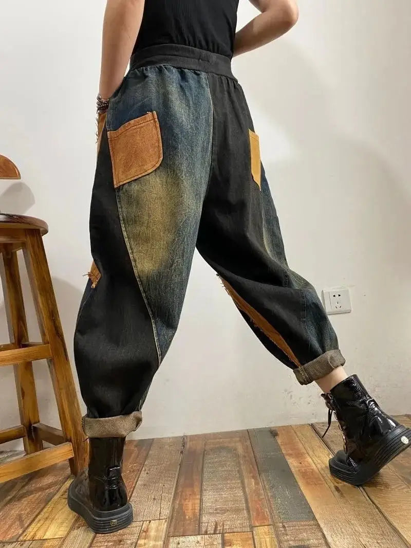 New Personalized Breasted Frayed Color Block Denim Harem Pants Loose Slimming Women