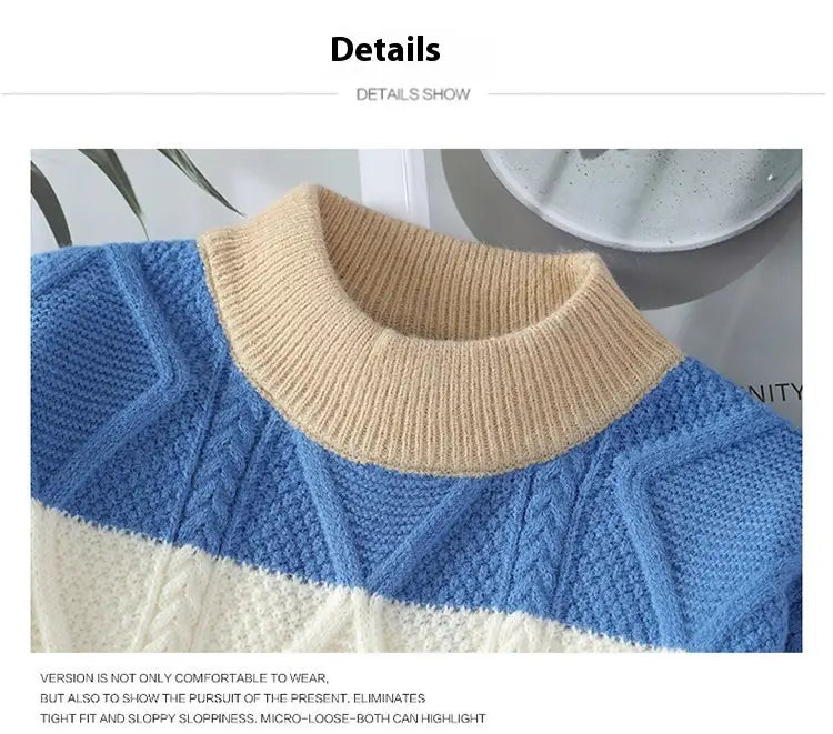 Men’s Casual Round Neck Sweater Contrast Color Knitwear Top