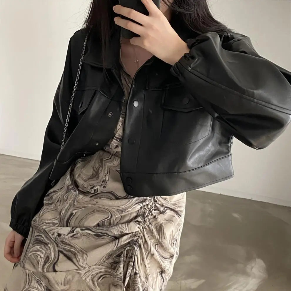 Chic Lapel Double Pocket Leather Top Leather Coat