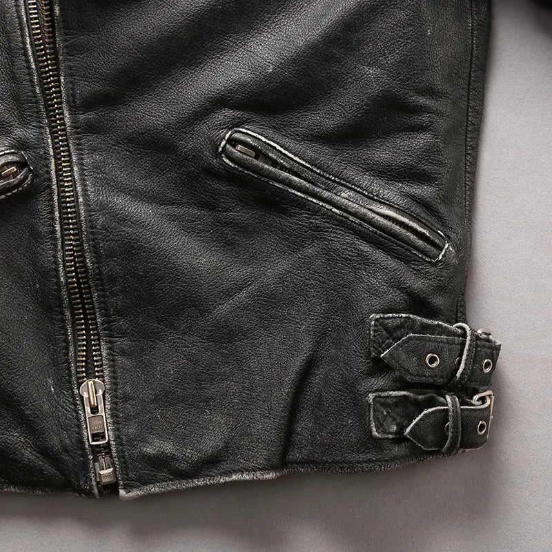 Men’s Distressed Stand Collar Cropped Slim Leather Jacket