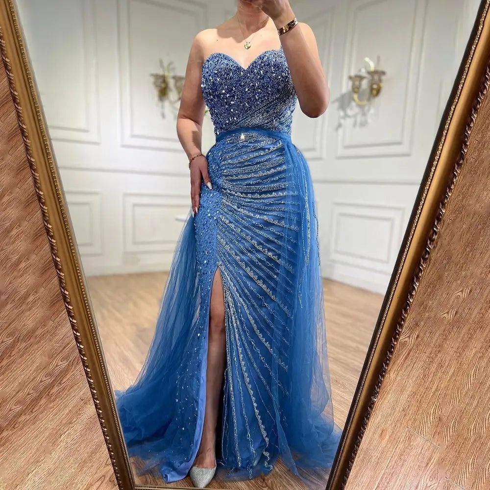 Blue Handmade Beaded Split Shoulder Fishtail Dress