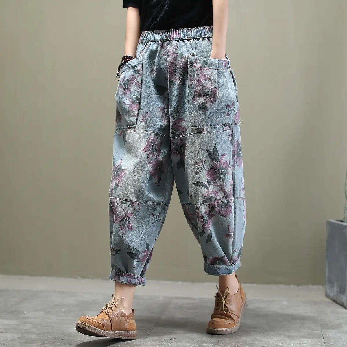 Loose all-match printed washed cotton jeans