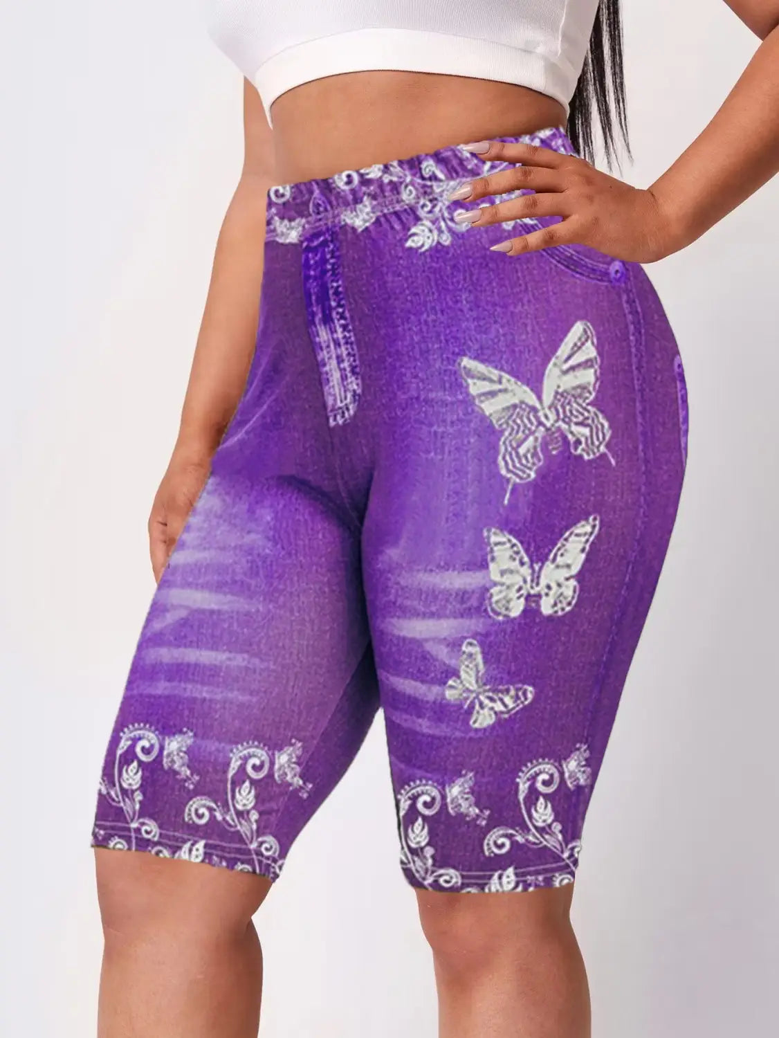 Printed Denim Butterfly Sports Leggings