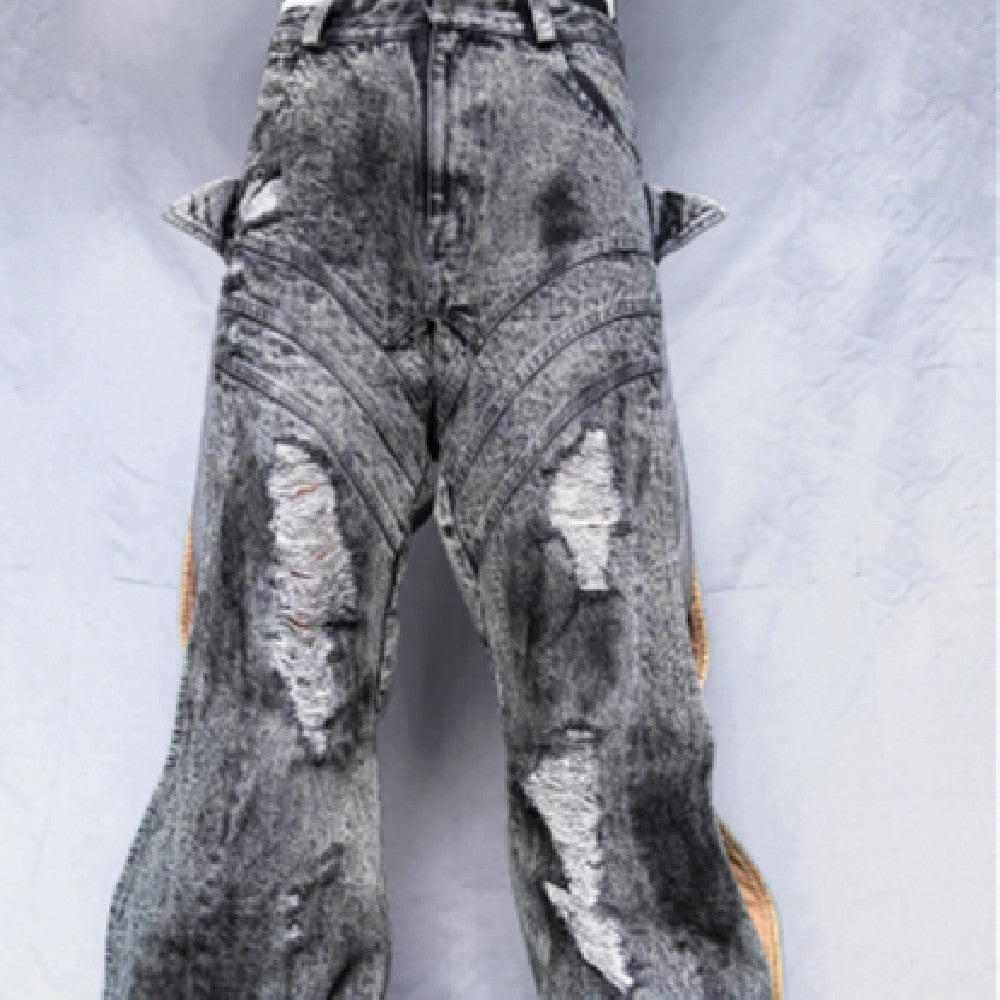 Washing Destroys Fashion Deconstruction Design Patchwork Pants - Washed Gray Black / S