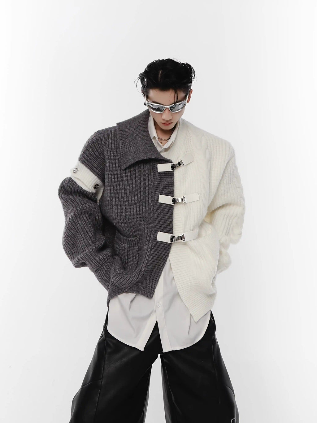 Deconstructing Sweater Loose Black And White Stitching Design Cardigan Metal Button Knitted Coat - Gray / L