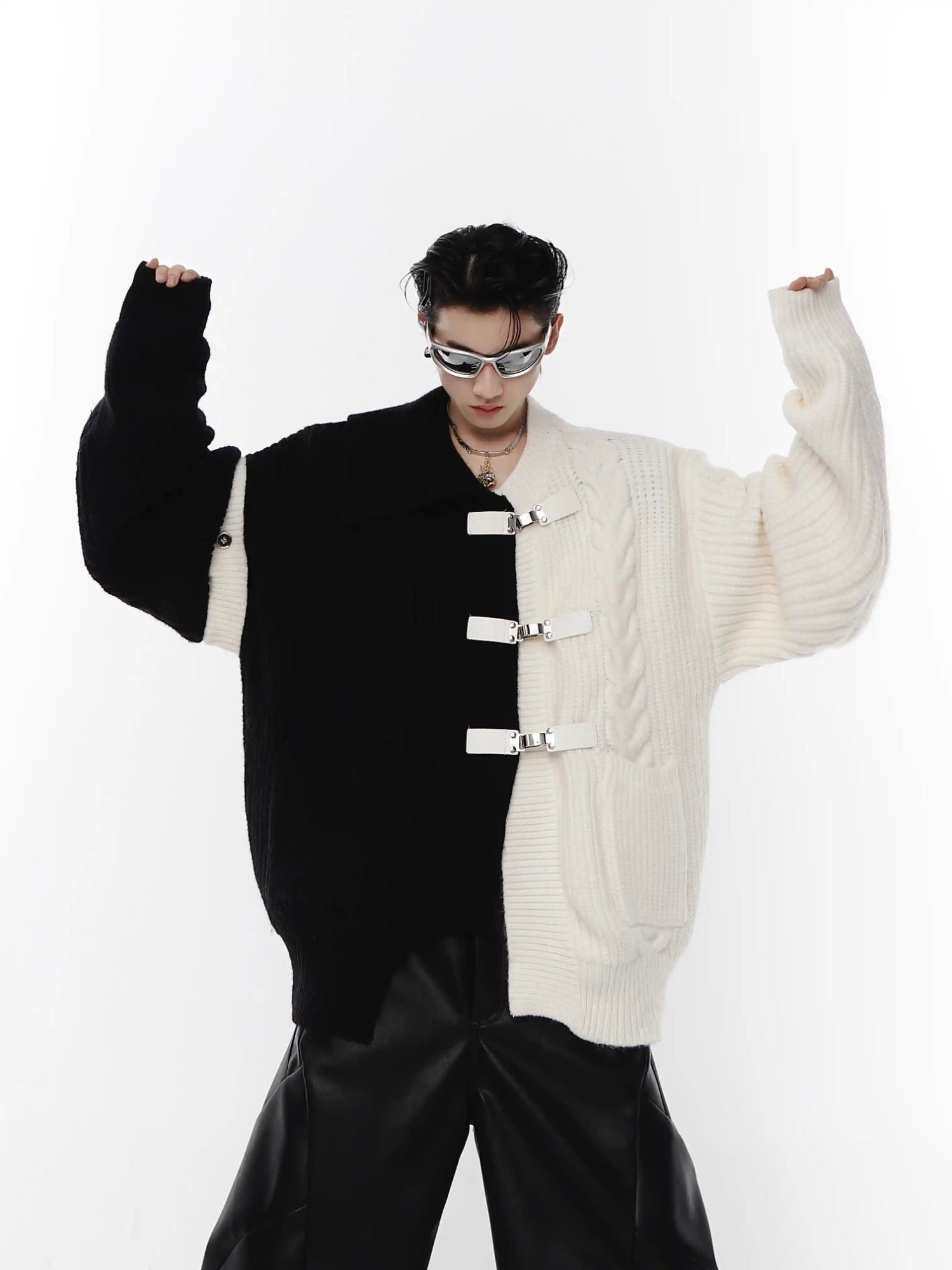 Deconstructing Sweater Loose Black And White Stitching Design Cardigan Metal Button Knitted Coat - Black / L