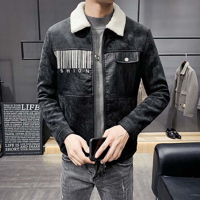 Deerskin velvet jacket youth Korean style lapel - Black / L
