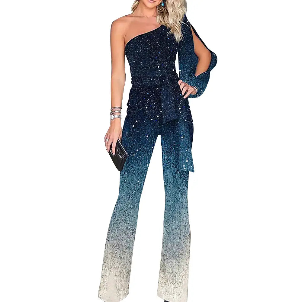 Women’s Gradient Print Diagonal Neck Long Sleeve One Piece Wide Leg Pants