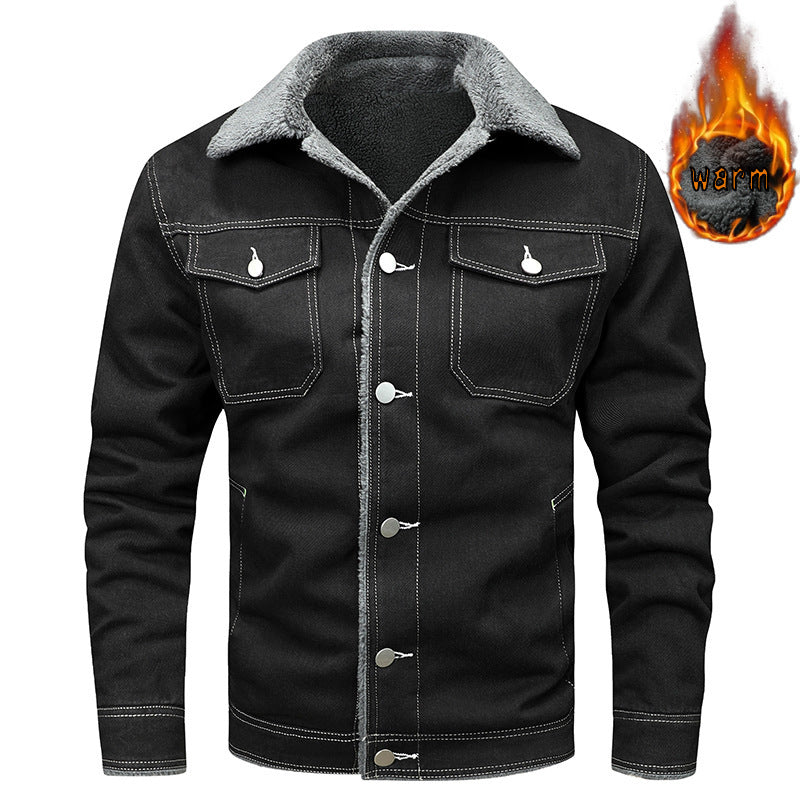 Denim Coat Fleece-lined Men Fashion Brands Jacket - Black / M