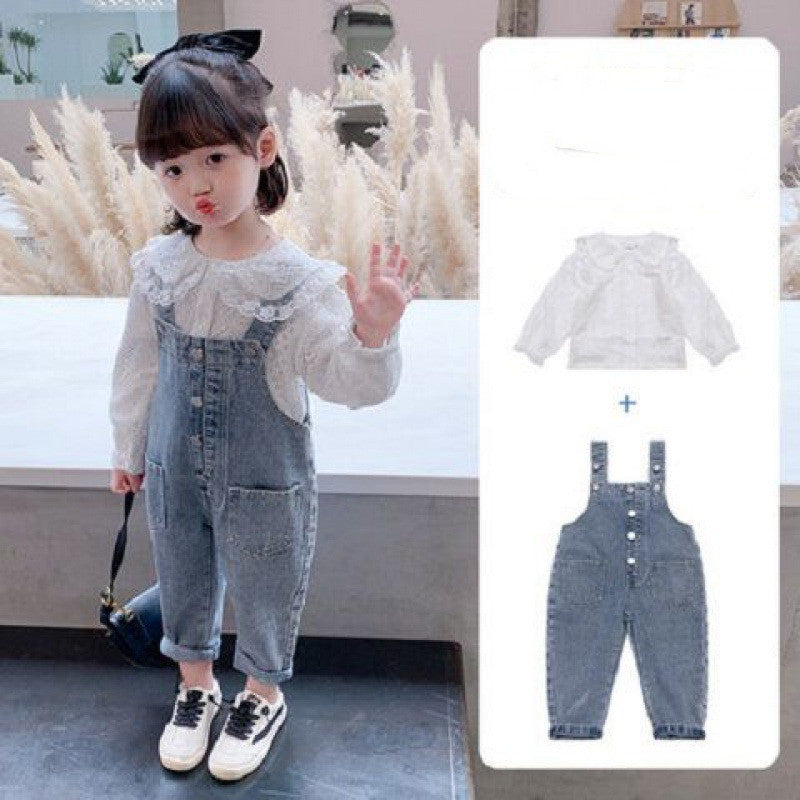 Girls Denim Overalls And Lace Shirt Two-piece Suit - suit / 90cm