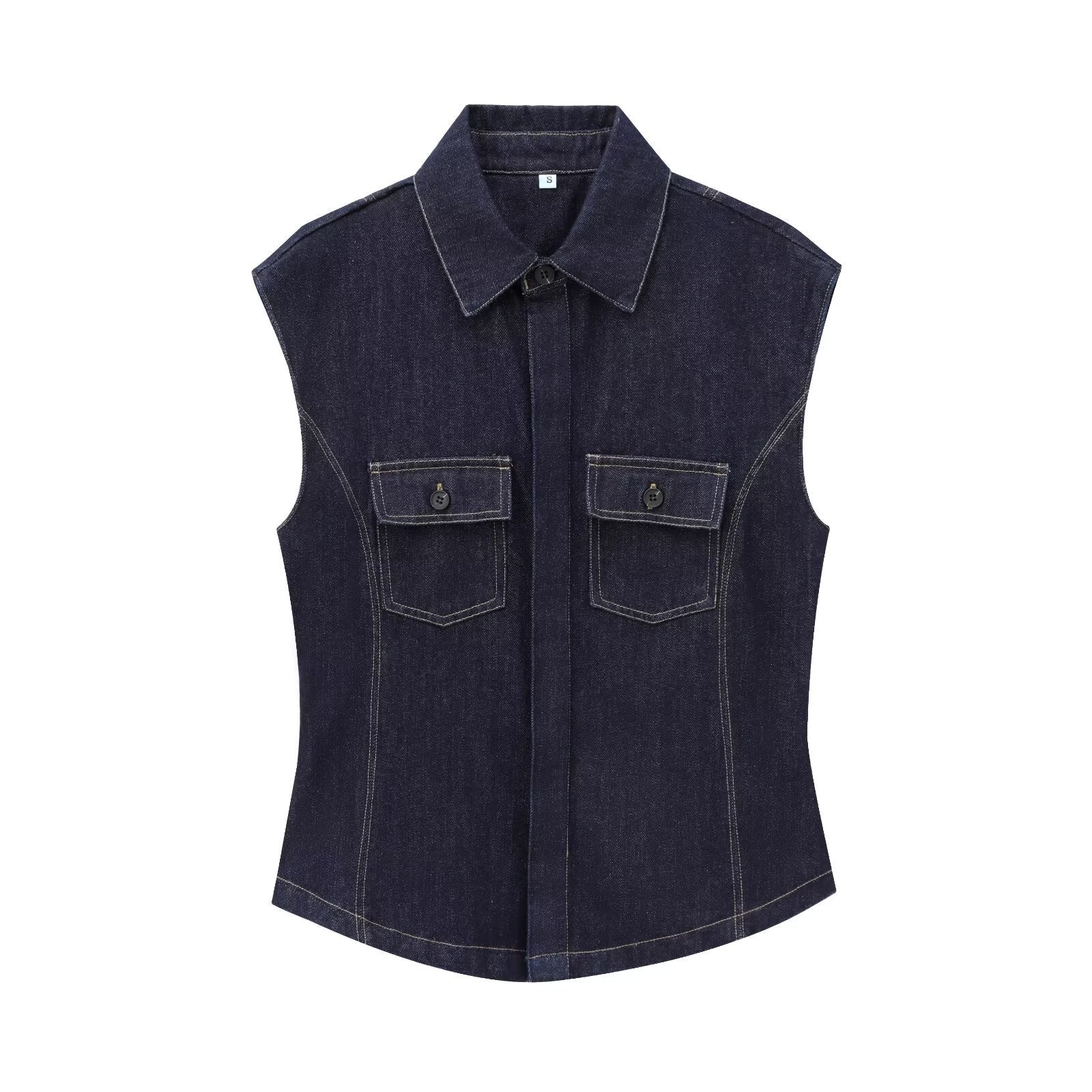 European And American Style Fashion String Decoration Lapel Sleeveless Denim Shirt - Blue / XS