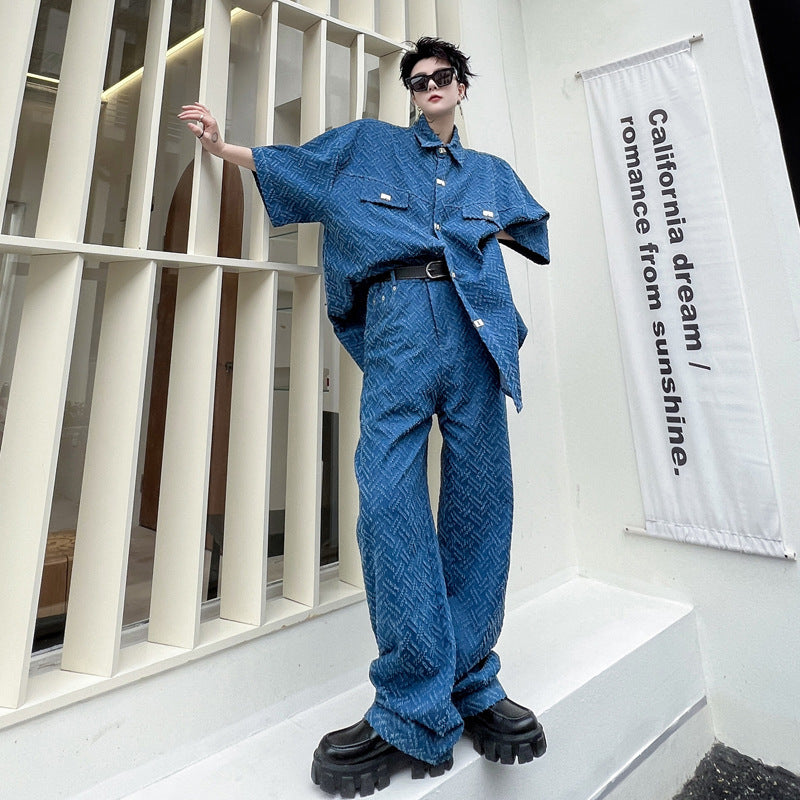 Silhouette Solid Color Denim Suit High Street Retro Men’s