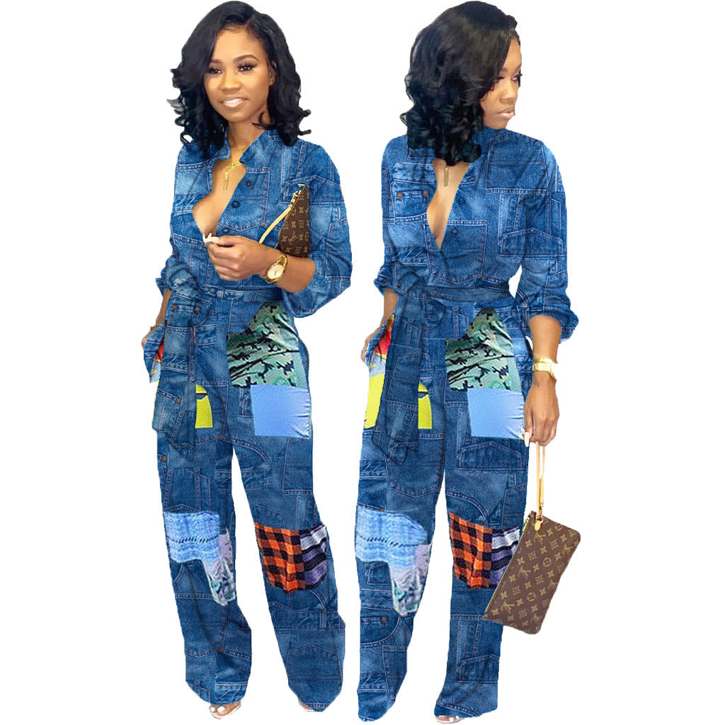 European And American Fashion Denim Jumpsuit - Blue / S