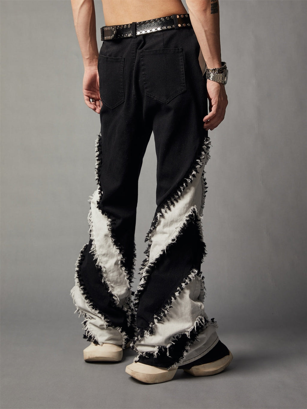 Black And White Patchwork Slim Fitting Rough Edge Washed Jeans - 2white stripes / S