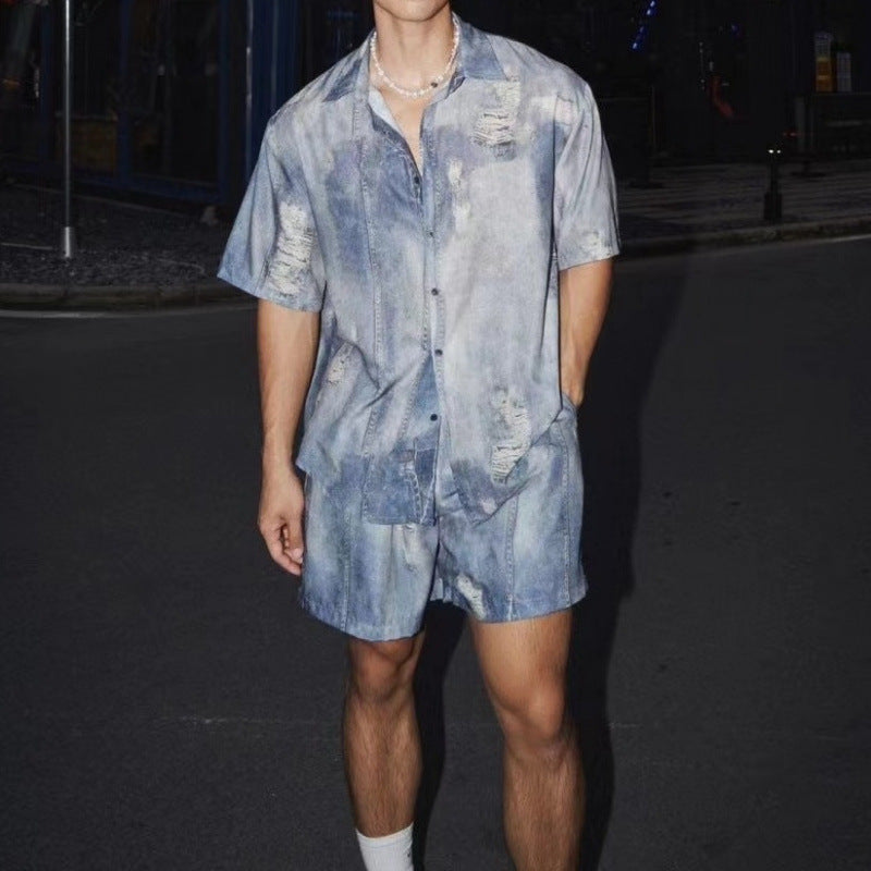 Summer New Denim Shirt Shorts Suit - Denim Blue Suit / M