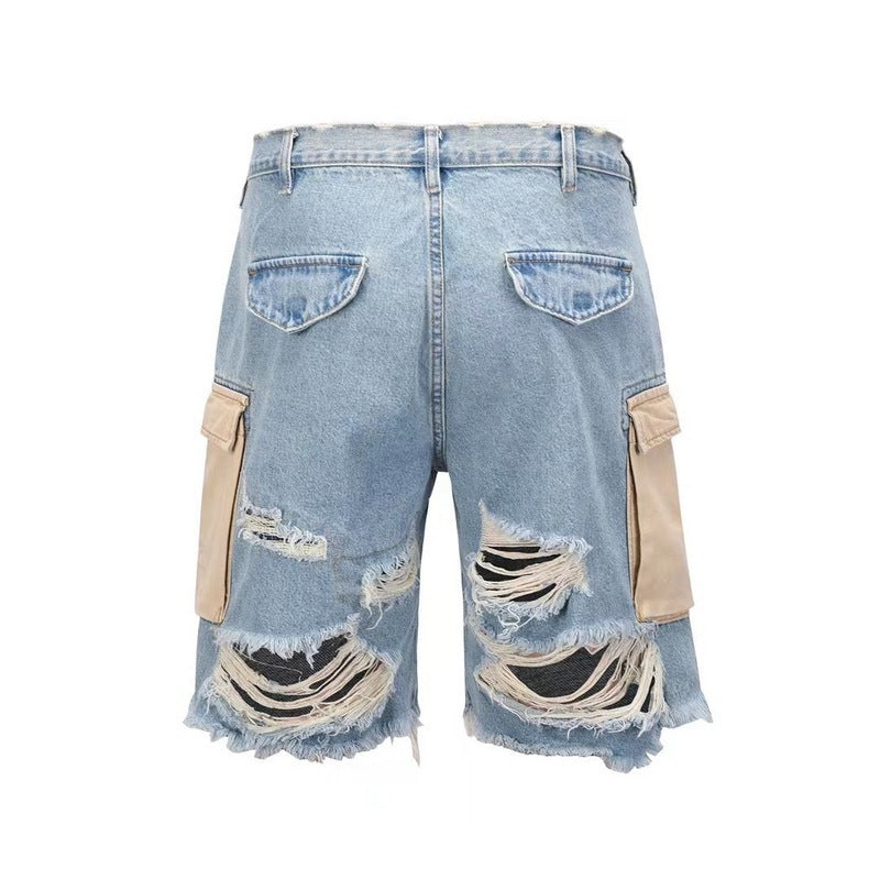 Knife Cut Big Hole Raw Fringed Tassel Wash Whisker Shorts