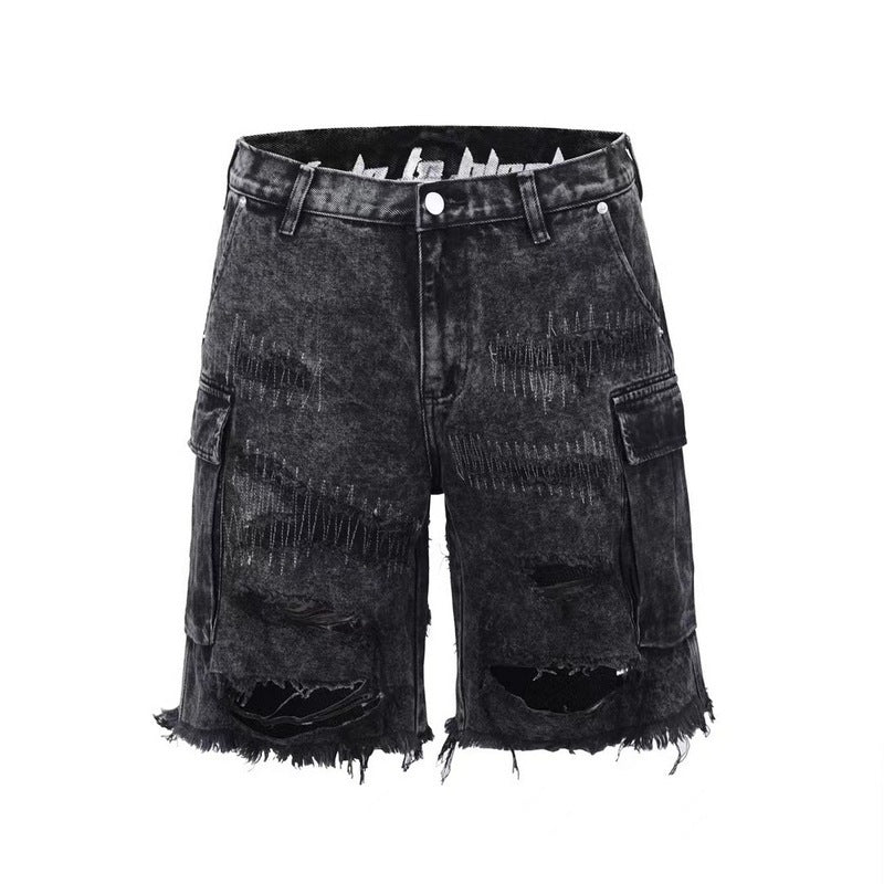 Knife Cut Big Hole Raw Fringed Tassel Wash Whisker Shorts - Black / S
