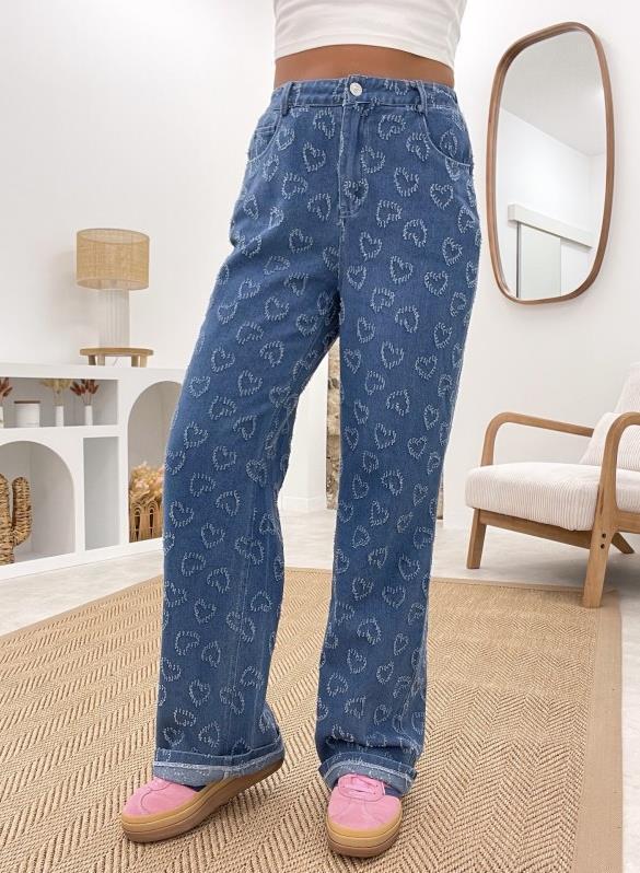 Denim Trousers Love Crochet Wash Straight - Blue / S
